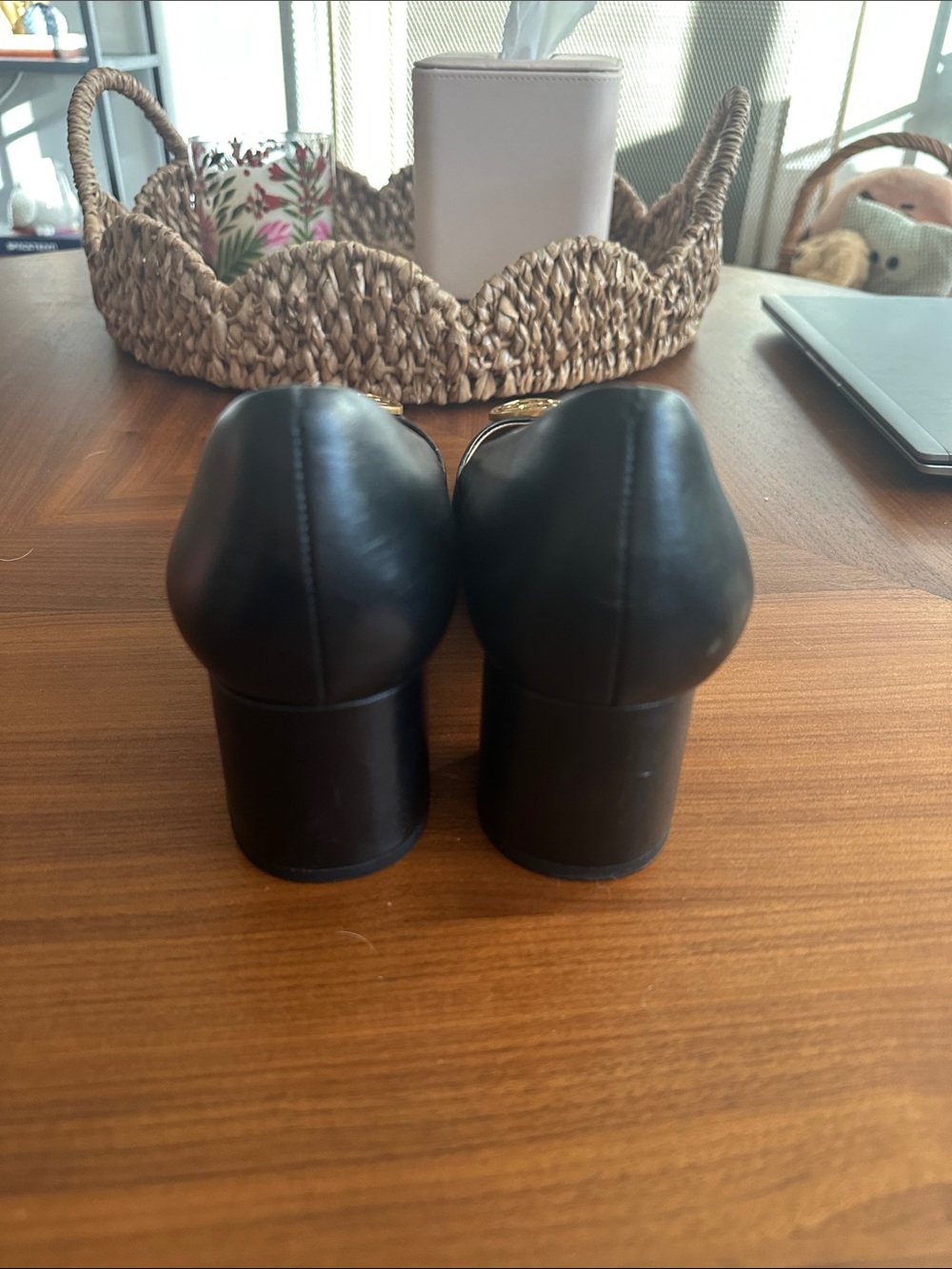 Tory Burch Black Leather Block Heels with Gold Logo - Picture 4 of 7